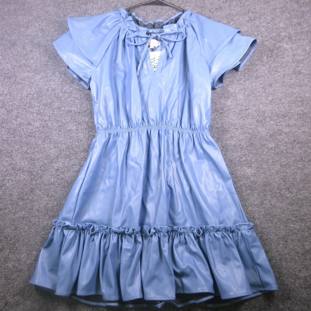Olivia James The Label Dress Womens Small Blue Faux Leather Tinsley Ruffle‎ Mini